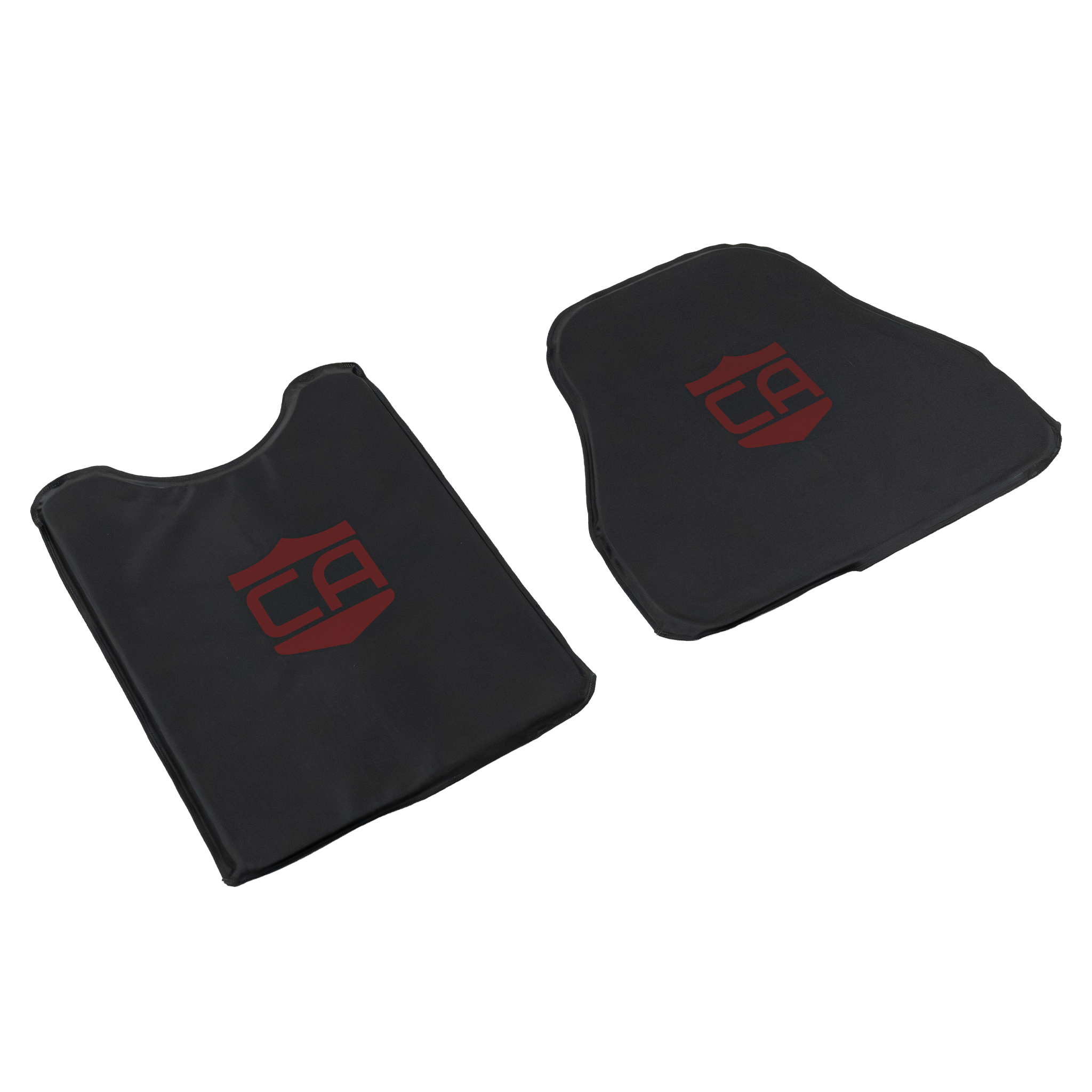 Black CaliberX Core Front and rear NIJ Level IIIA HG2 Soft Body Armor panels for MOPC Carrier with red CA Logo decals on a white background