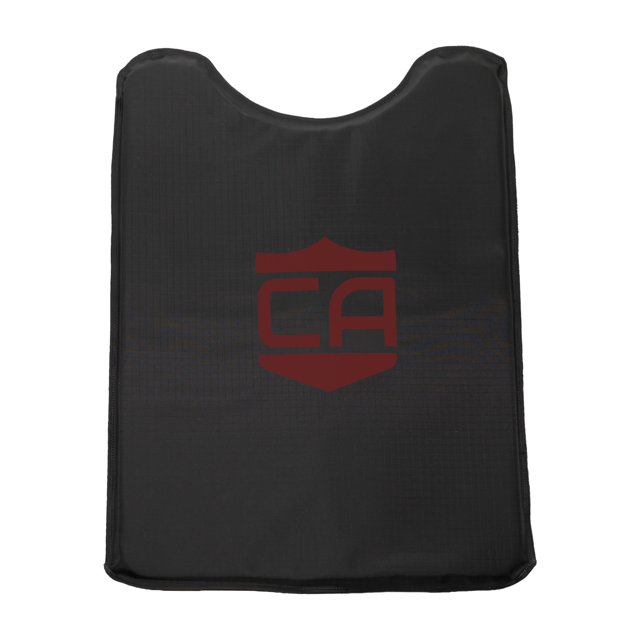 Black CaliberX Core Rear NIJ Level IIIA HG2 Soft Body Armor panel for MOPC Carrier with red CA Logo decal on a white background