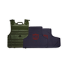 Green VISM Expert Plate Carrier, size X-Small with two CaliberX Core Soft Armor wrapaound panels with red CA decals - NIJ Level IIIA HG2 on a white background