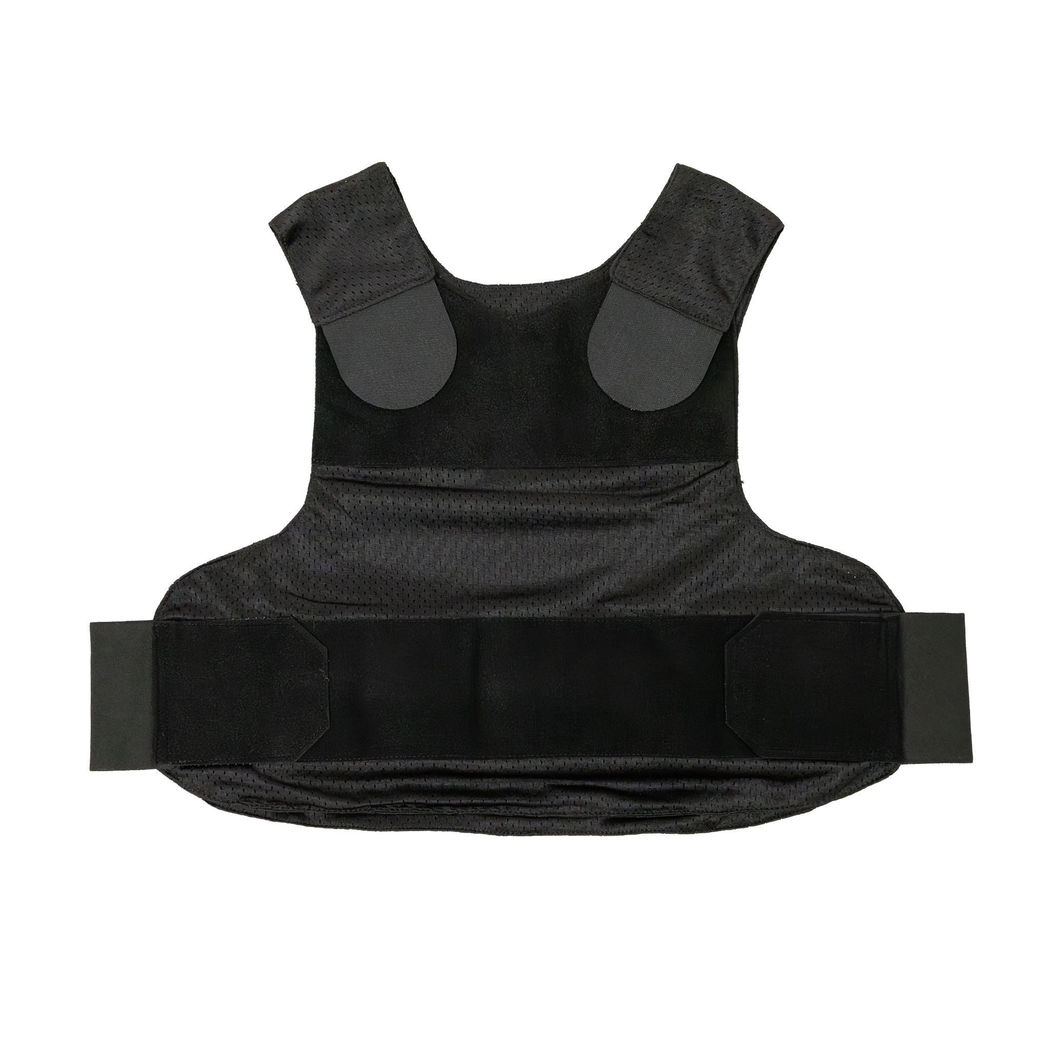 Front view of Caliber Armor covert concealable carrier in black laying flat on a white background