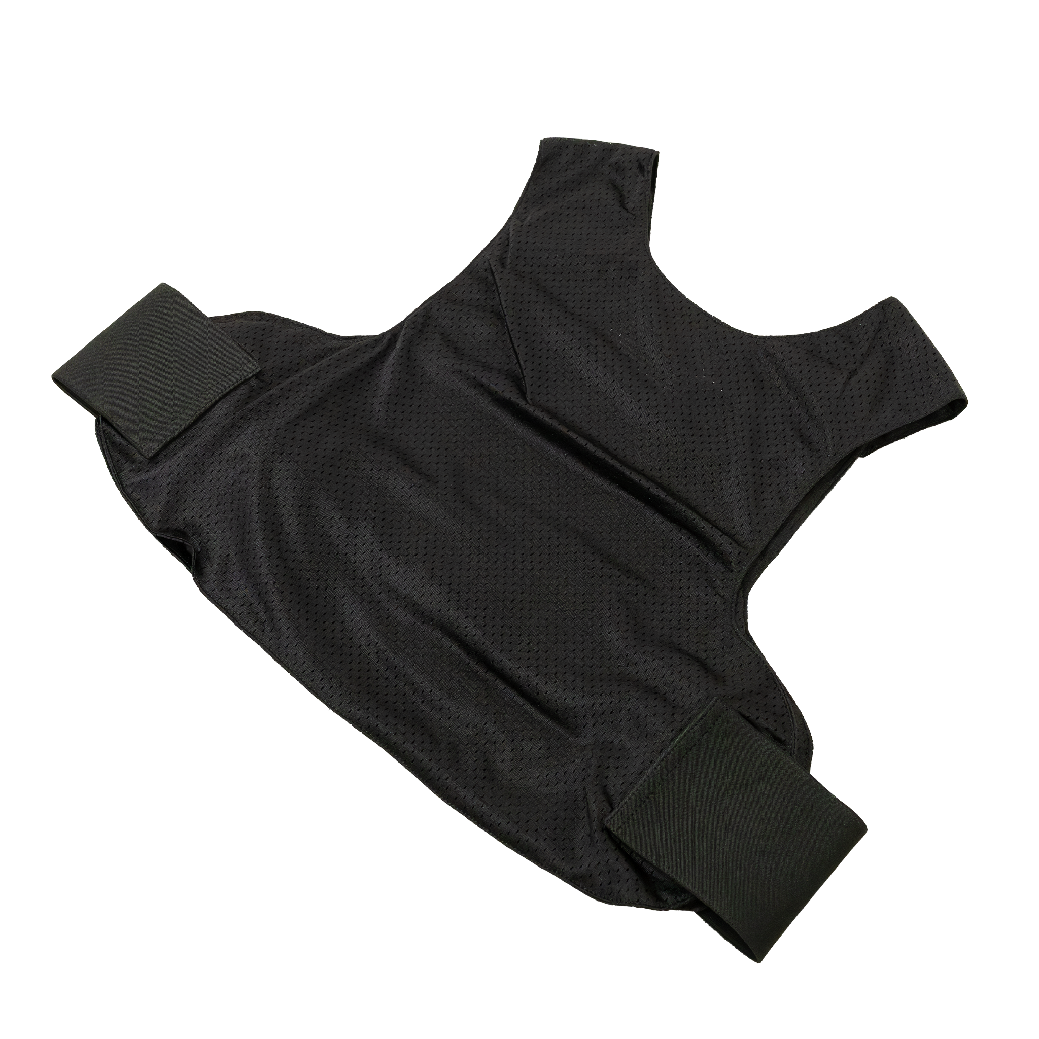 Backside view of Caliber Armor covert concealable carrier in black laying flat on a white background