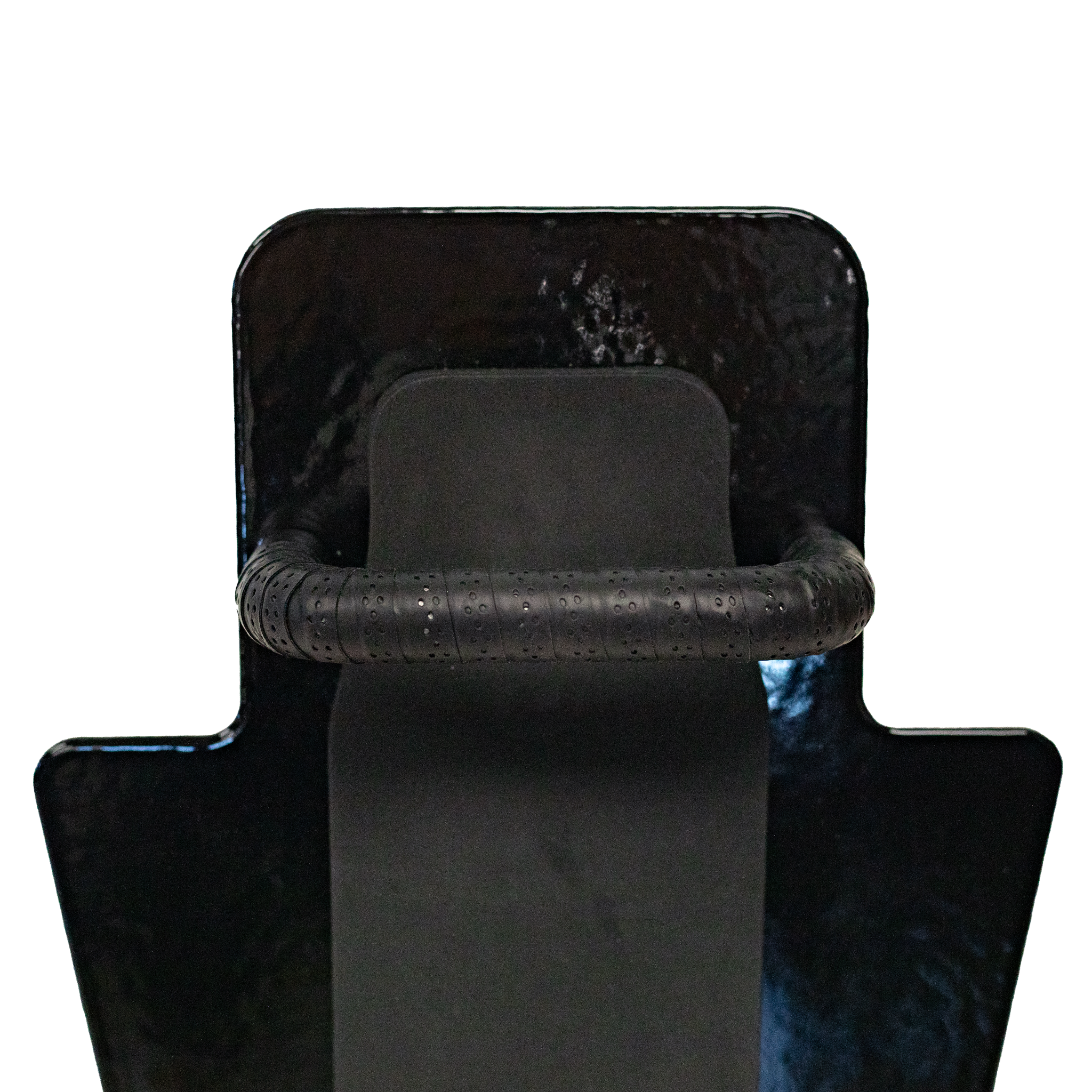 Up close view of black 12" x 18" Caliber Armor Pistol rated Level IIIA HG2 Ballistic Shield with value line handle & black padded armrest on a white background