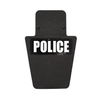 Front of black 12" x 18" Caliber Armor Pistol rated Level IIIA HG2 Ballistic Shield with VL handle with "police" logo on a white background