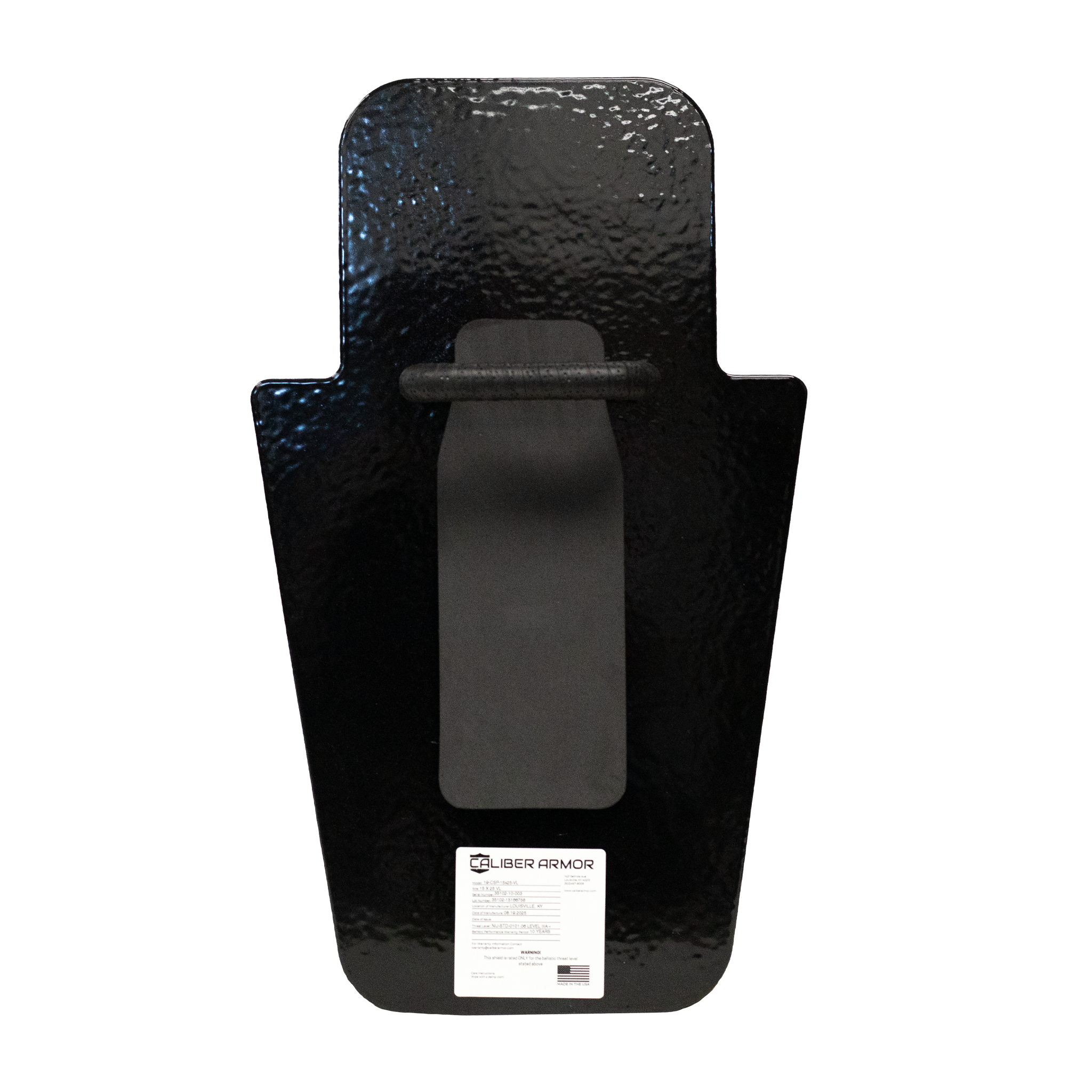 Back of black 15" x 25" Caliber Armor Pistol rated Level IIIA HG2 Ballistic Shield with fixed value line handle & padded armrest in the center on a white background