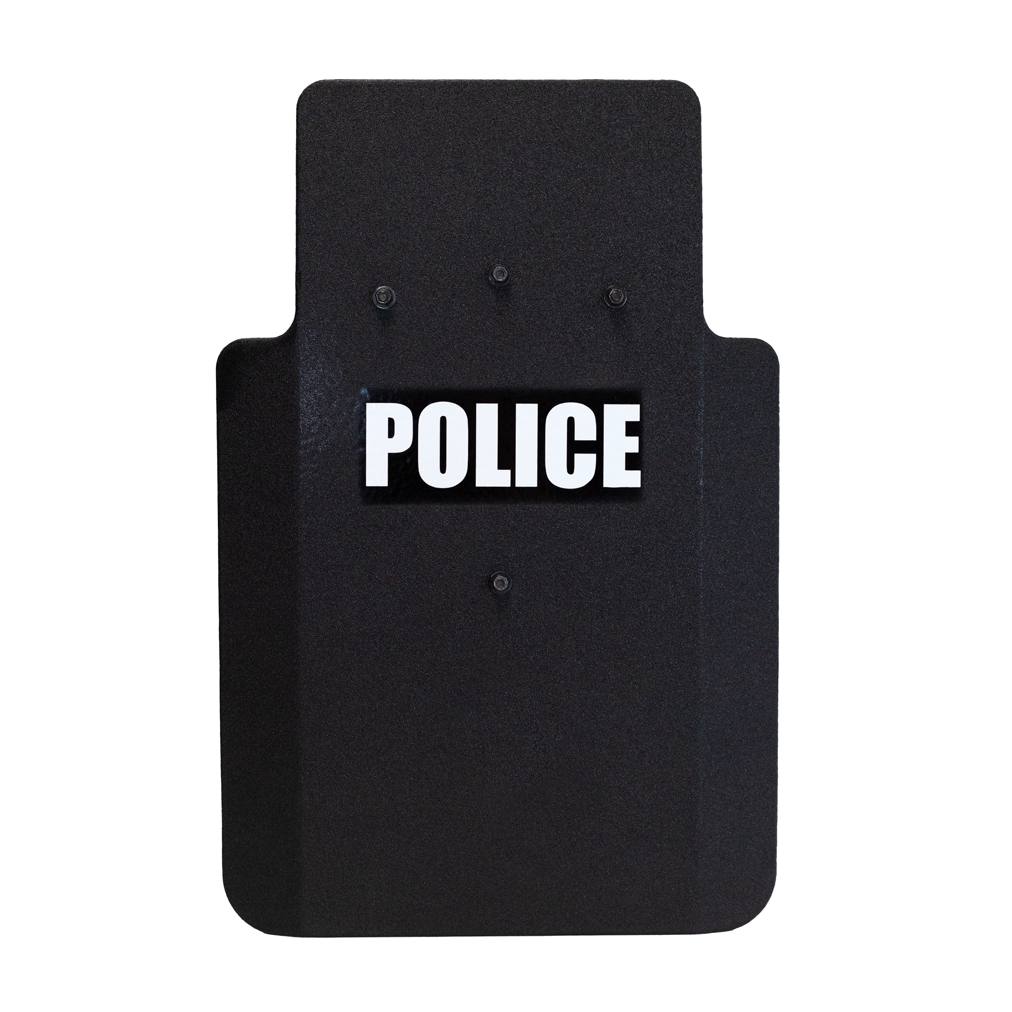 Front of black 20" x 30" Caliber Armor Pistol rated Level IIIA HG2 Ballistic Shield with three handle positions, text on the front in white that reads "police" on a white background