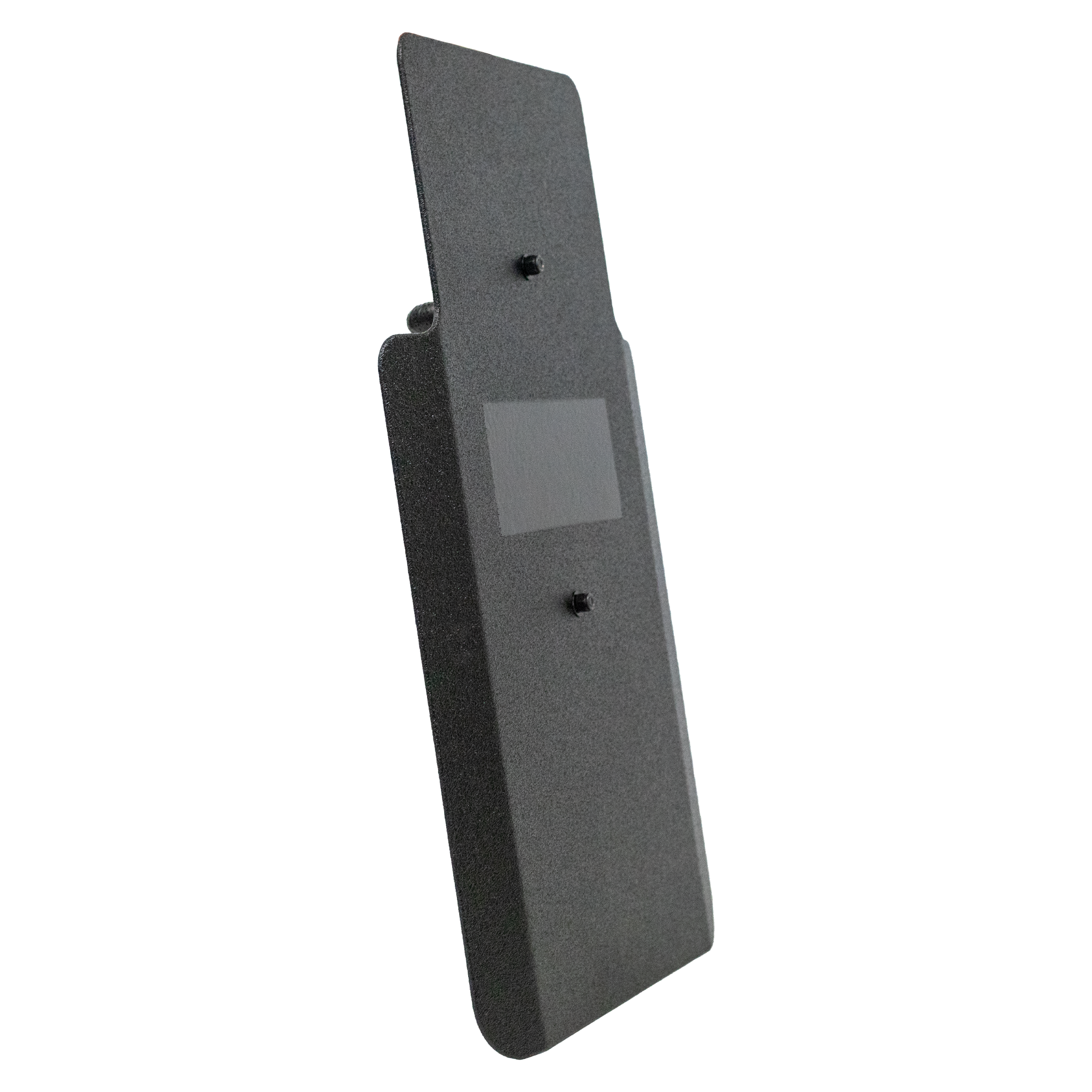 Side view of black 20" x 30" Caliber Armor Pistol rated Level IIIA HG2 Ballistic Shield with fixed streamlined handle in the center on a white background