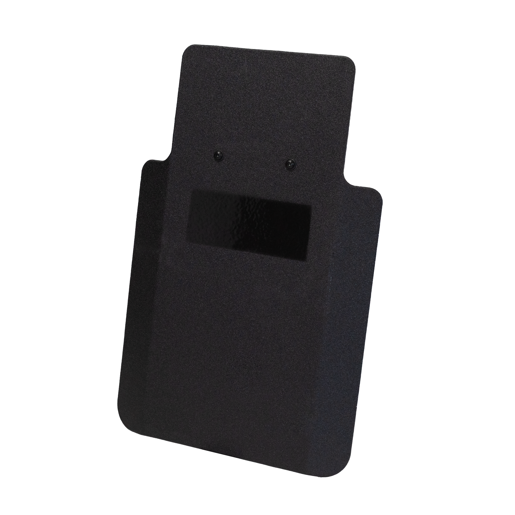 Angled front view of black 20" x 30" Caliber Armor Pistol rated Level IIIA HG2 Ballistic Shield on a white background