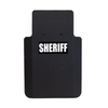 Front of black 20" x 30" Caliber Armor Pistol rated Level IIIA HG2 Ballistic Shield with "Sheriff" in white text, on a white background