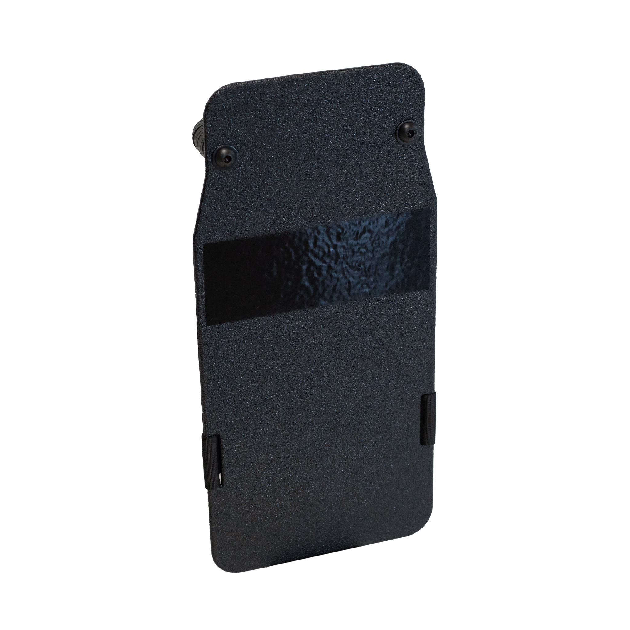 Front angled view of black 8" x 17" Caliber Armor pistol rated Level IIIA HG2 Ballistic Shield on a white background