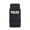Black 8" x 17" Caliber Armor Pistol rated Level IIIA HG2 Ballistic Shield with the text "POLICE" written in white words