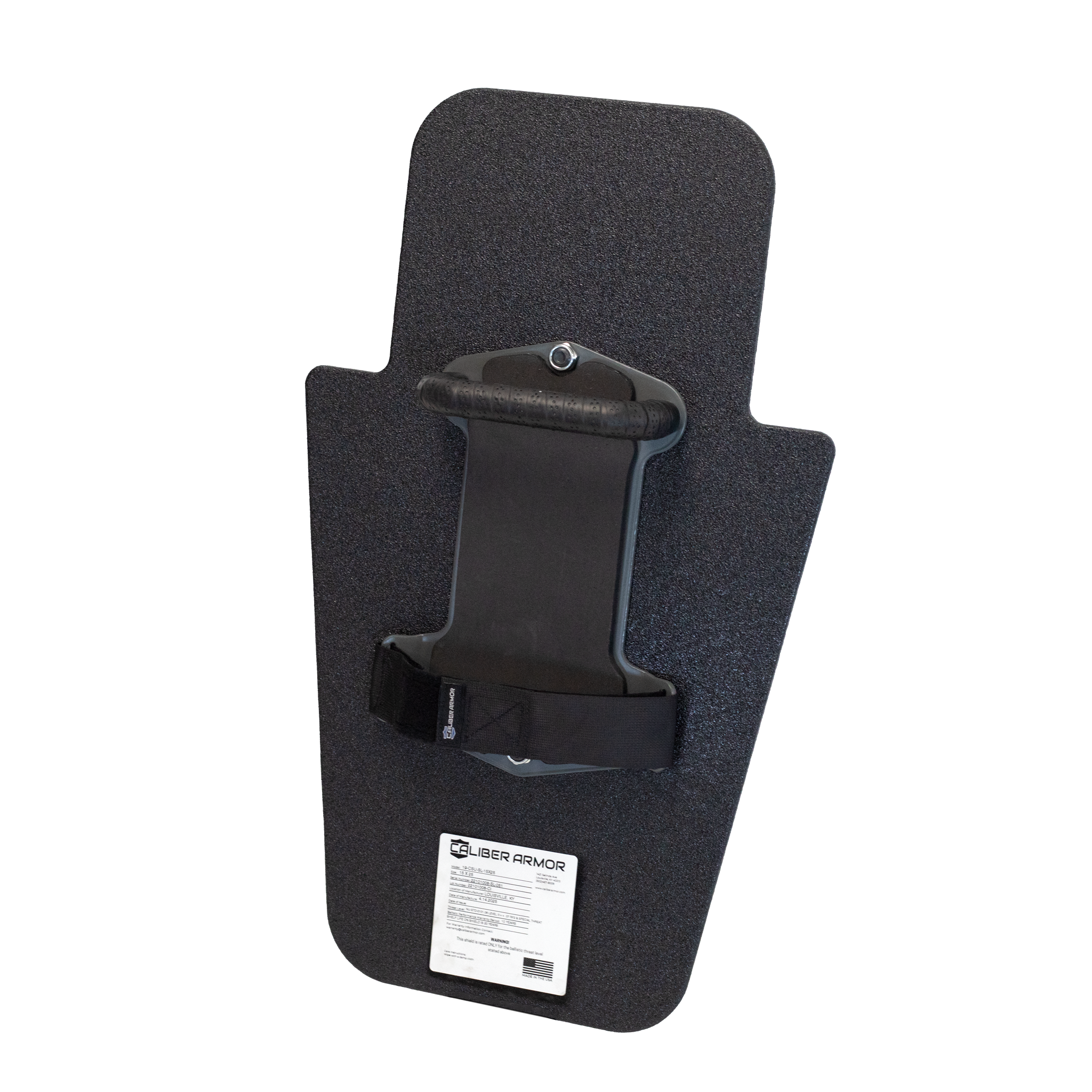 Angled view of backside of black 15" x 25" Caliber Armor Rifle rated Level III+ RF2 Ballistic Shield with center mounted fixed SL handle with padded armrest & retention strap on a white background