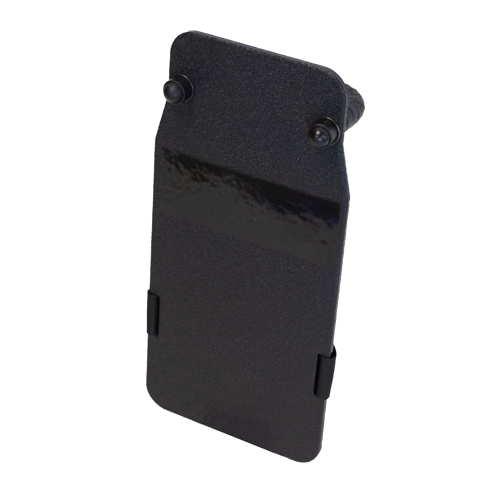 Angled front view of black 8" x 17" Caliber Armor Rifle rated Level III+ RF2 Ballistic Shield on a white background