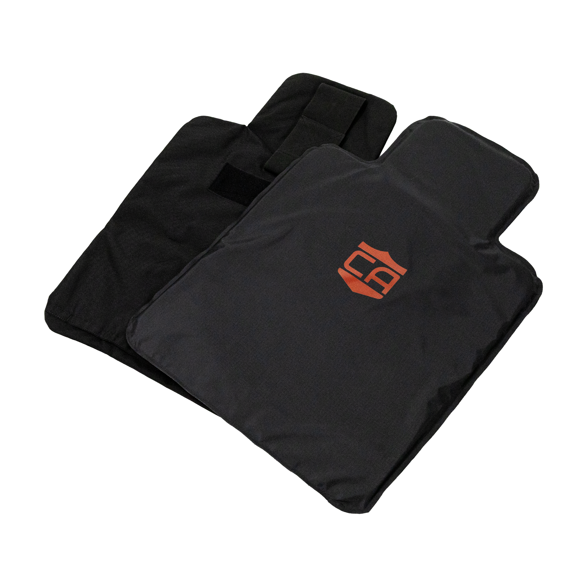 Black CaliberX Core Ballistic Vehicle seat shield outer carrier and inner level iiia armor panel with headrest strap  all laid out flat on a white background