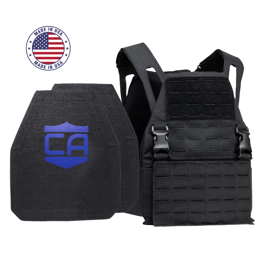 NIJ level iv hard body armor package, shooter cut plates with a black DV8 plate carrier, made in the USA by Caliber Armor 