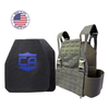 NIJ level iv hard body armor package, shooter & SAPI cut with ranger green DV8 plate carrier, made in the USA by Caliber Armor 
