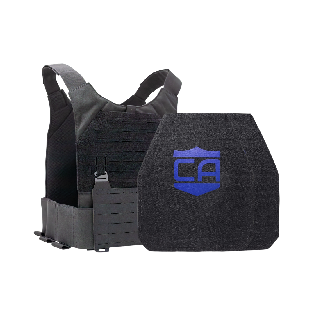 NIJ level iv hard body armor package, shooter cut plates with a Black Caliber Armor Phantom Low visibility plate carrier, on a white background