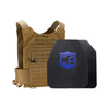 NIJ level iv hard body armor package, Shooter & SAPI cut plates with a Coyote Tan Caliber Armor Phantom Low visibility plate carrier, on a white background