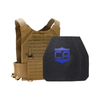 NIJ level iv hard body armor package, Shooter cut plates with a Coyote Tan Caliber Armor Phantom Low visibility plate carrier, on a white background