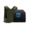 NIJ level iv hard body armor package, SAPI cut plates with an Olive Drab Green Caliber Armor Phantom Low visibility plate carrier, on a white background