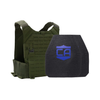 NIJ level iv hard body armor package, Shooter cut plates with an Olive Drab Green Caliber Armor Phantom Low visibility plate carrier, on a white background