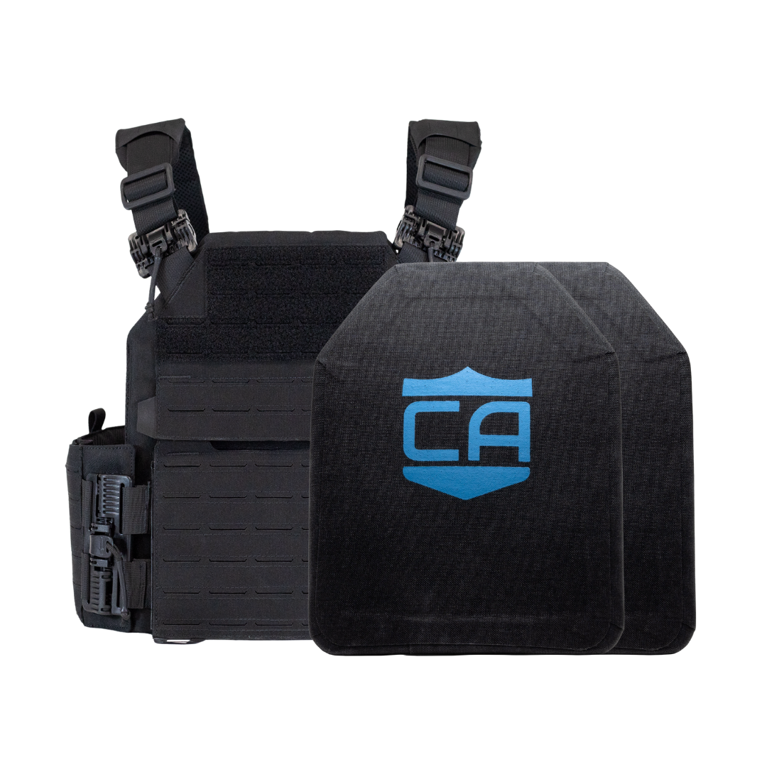 Black recon tactical carrier with two SAPI cut level iv ceramic plates