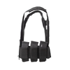 Side View of phantom low profile plate carrier in black showing 3 magazines can be stored in elastic cummerbund  on carrier