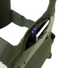 Green tactical vest with a admin pocket containing pens and a notebook featuring velcro closure on a white background