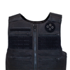 Black tactical vest with multiple pockets and a zipper on a white background
