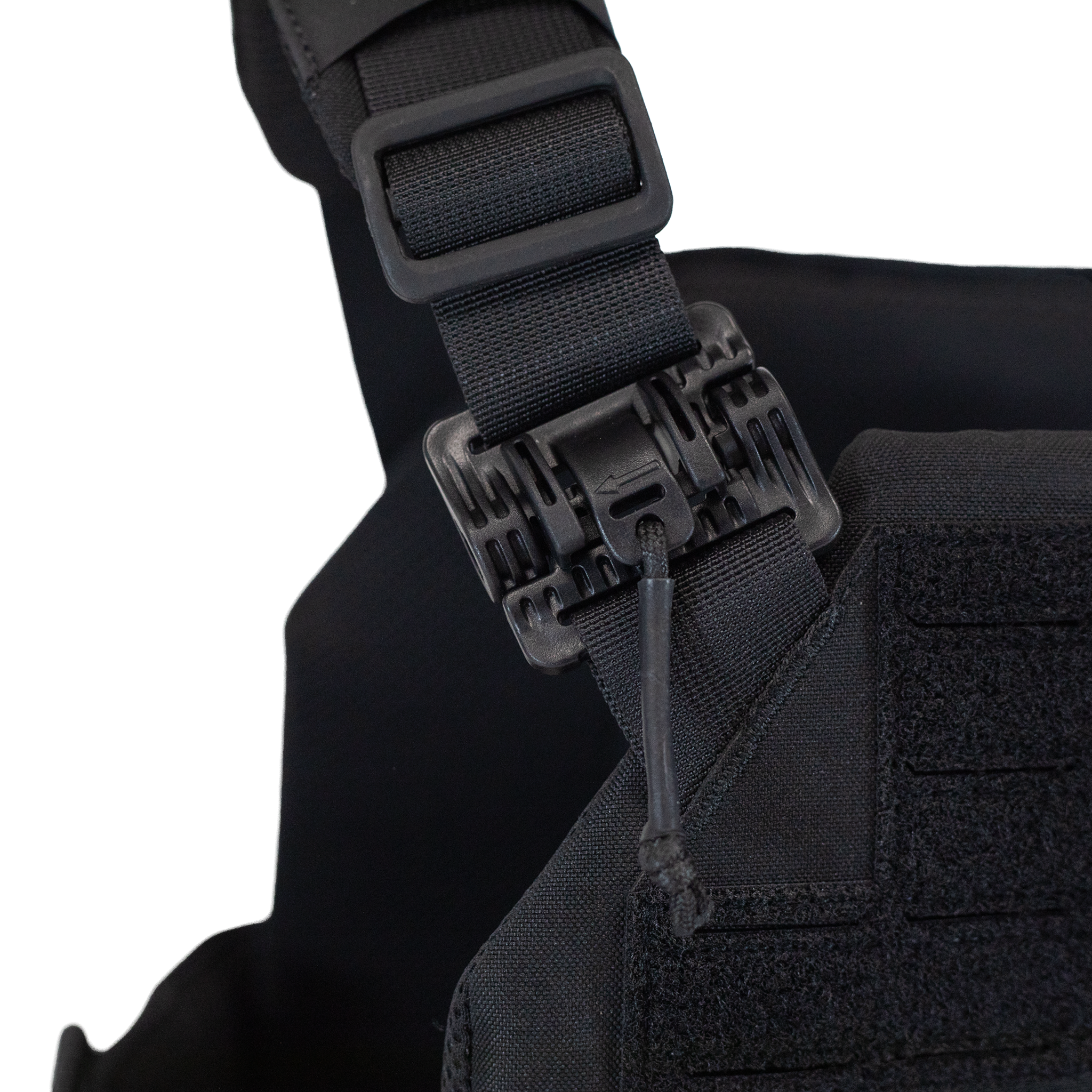 close up of Black carrier with quick detach tubes on the shoulders, detach by pulling away from your body