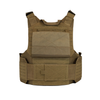 Tan body armor plate carrier with placard lifted showing velcro size adjustment on a white background