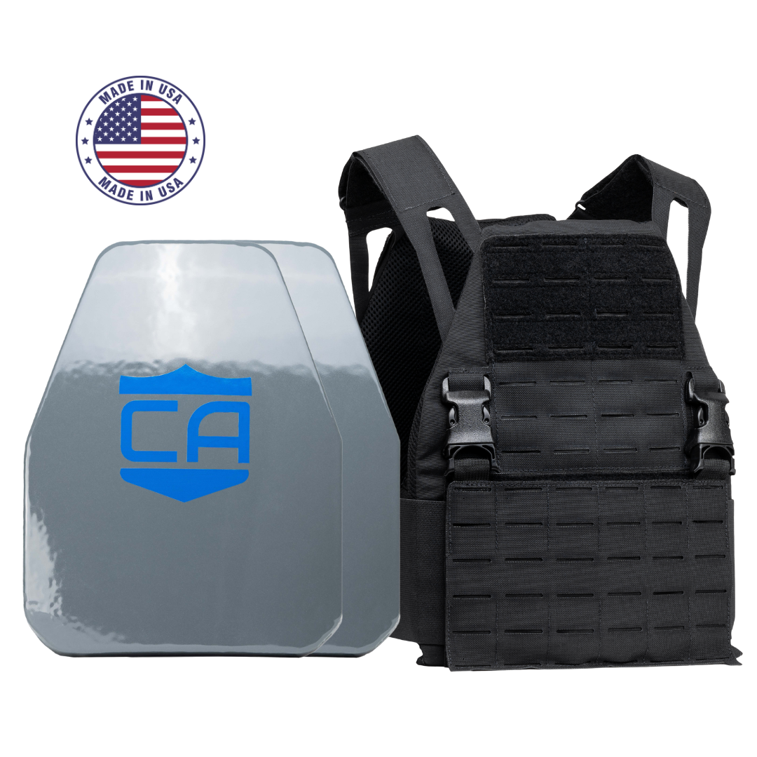NIJ level III hard body armor Maritime package, shooter cut plates with a Black DV8 plate carrier, made in the USA by Caliber Armor 