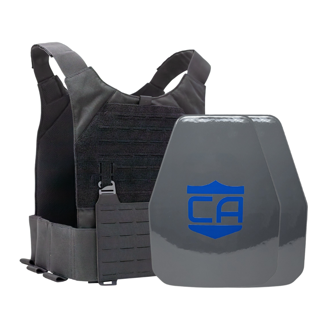 NIJ level III Maritime hard body armor package, Shooter cut plates with a Black Caliber Armor Phantom Low visibility plate carrier, on a white background