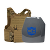 Tan M.O.D. carrier with shooters &  SAPI cut UHMWPE Maritime plates with waterproof coating