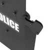 Black police shield with firearm support mounted on a white background