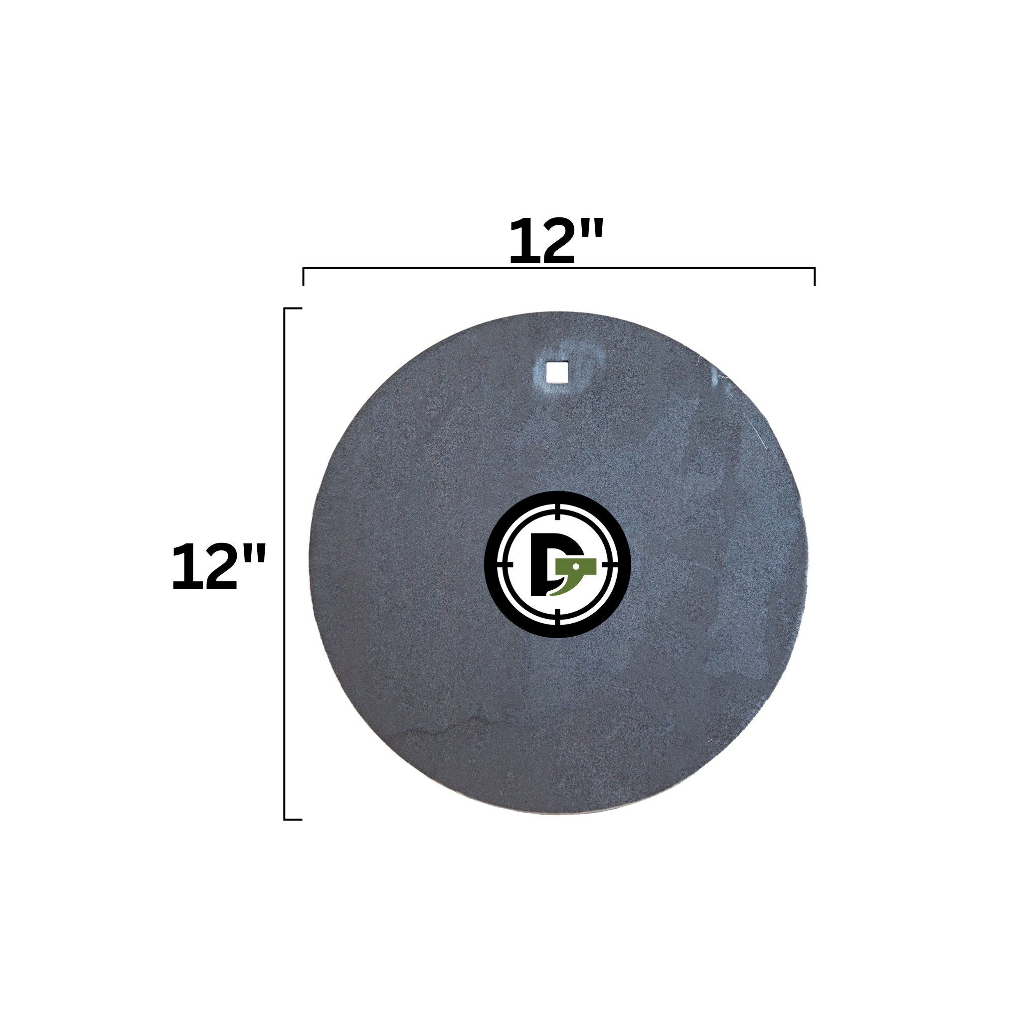 3/8 inch AR500 steel round 12" gong target with measurements showing size on a white background
