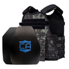Front view of the AR550 Level III+ shooters and SAPI cut with standard coating Body Armor Package with black multi cam Condor MOPC plate carrier with standard coating on a white background