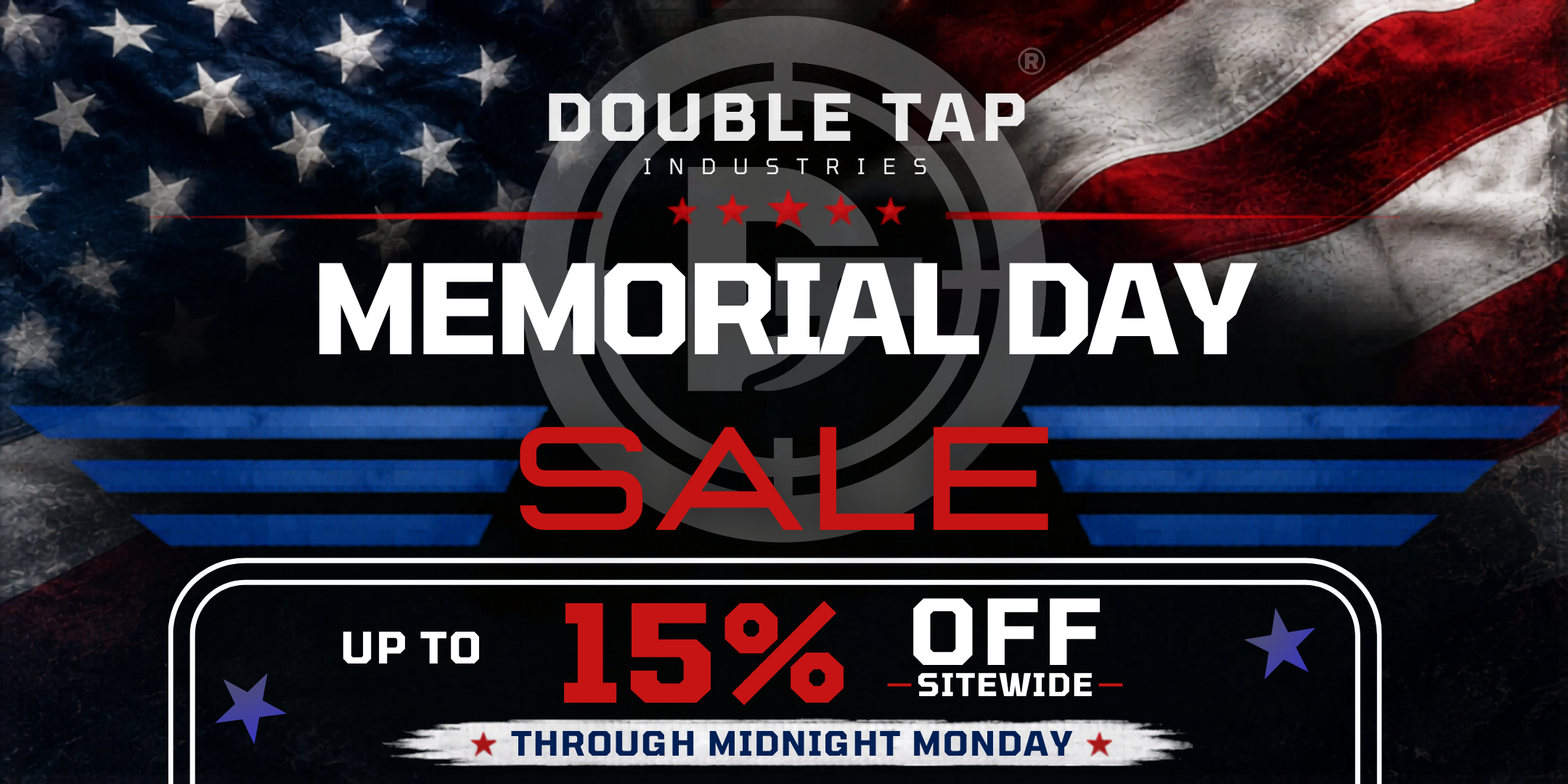 Memorial Day sale advertisement with American flag and promotional text on a dark background, up to 15% off sitewide