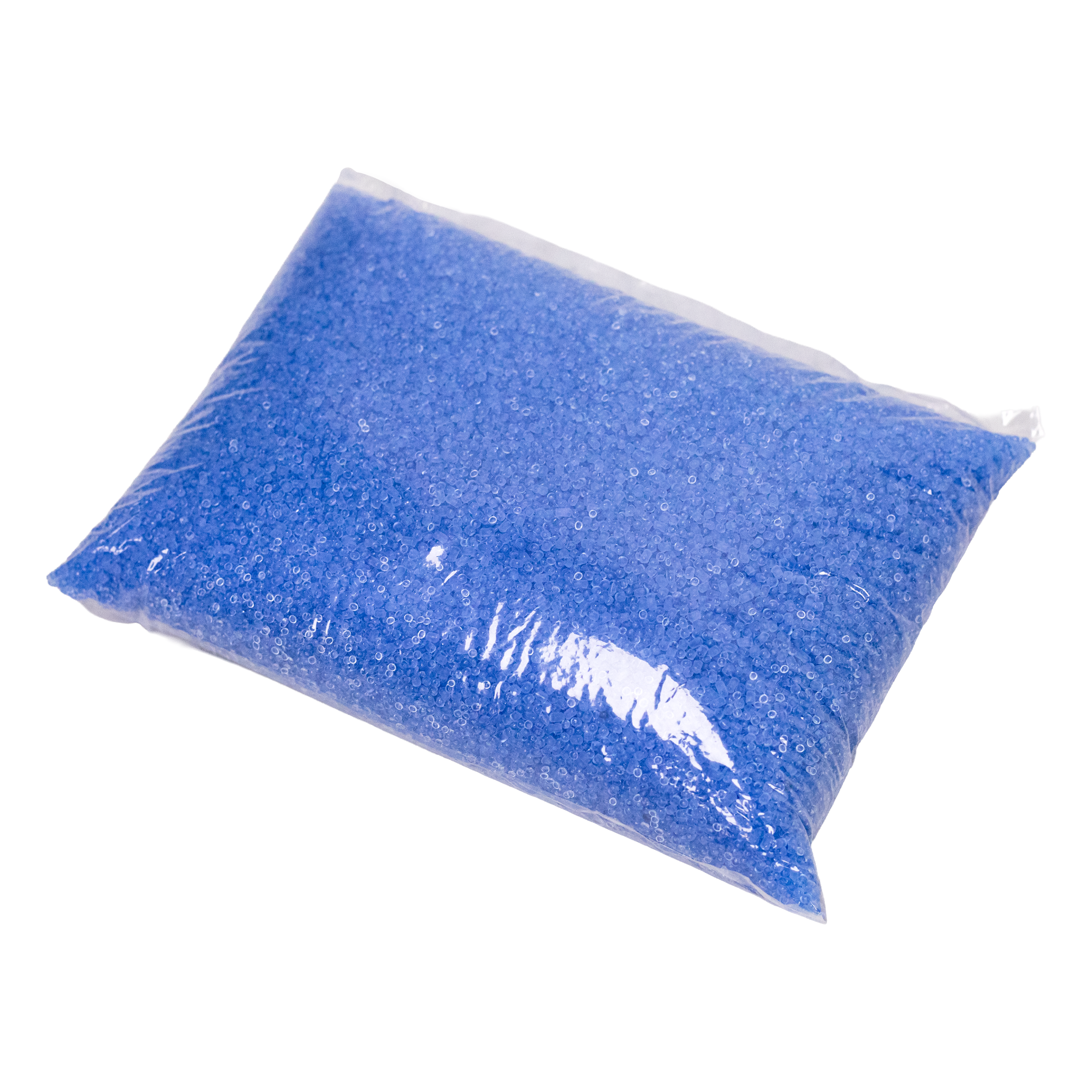 Angled side view of 5 pound bag of blue recycled plastic that resembles round pellets used to fill shooting rest bags