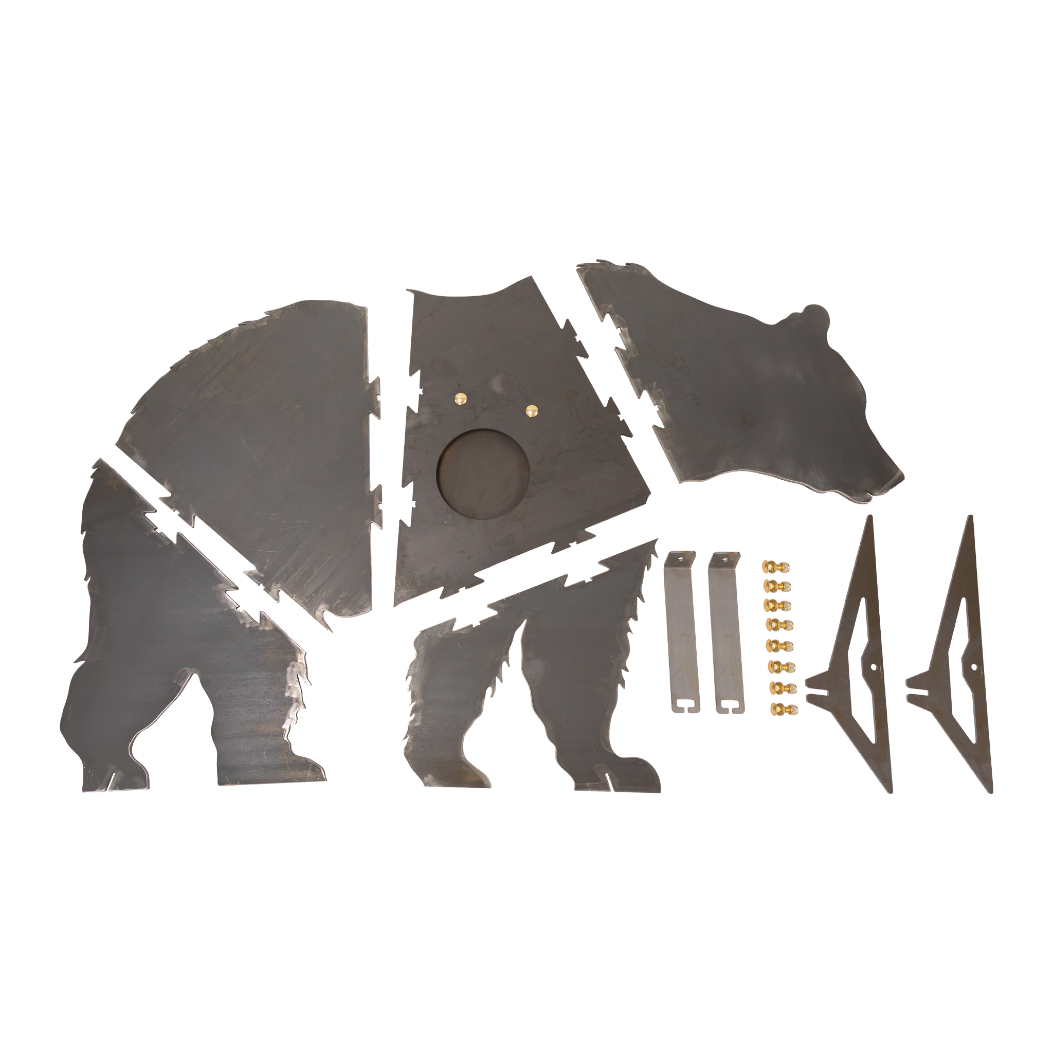 Unassembled & unpainted fullsized bear-shaped sr500 steel target with components on a white background