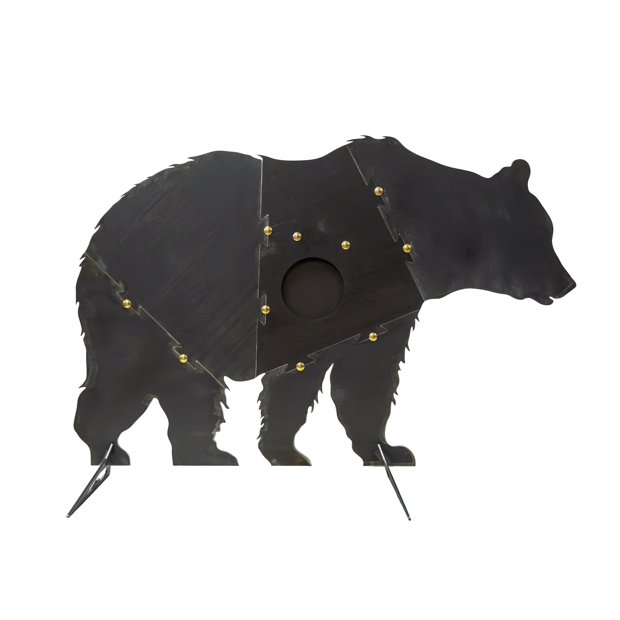 Unpainted large bear-shaped sr500 steel target assembled on a stand with a reactive chest vital paddle on a white background