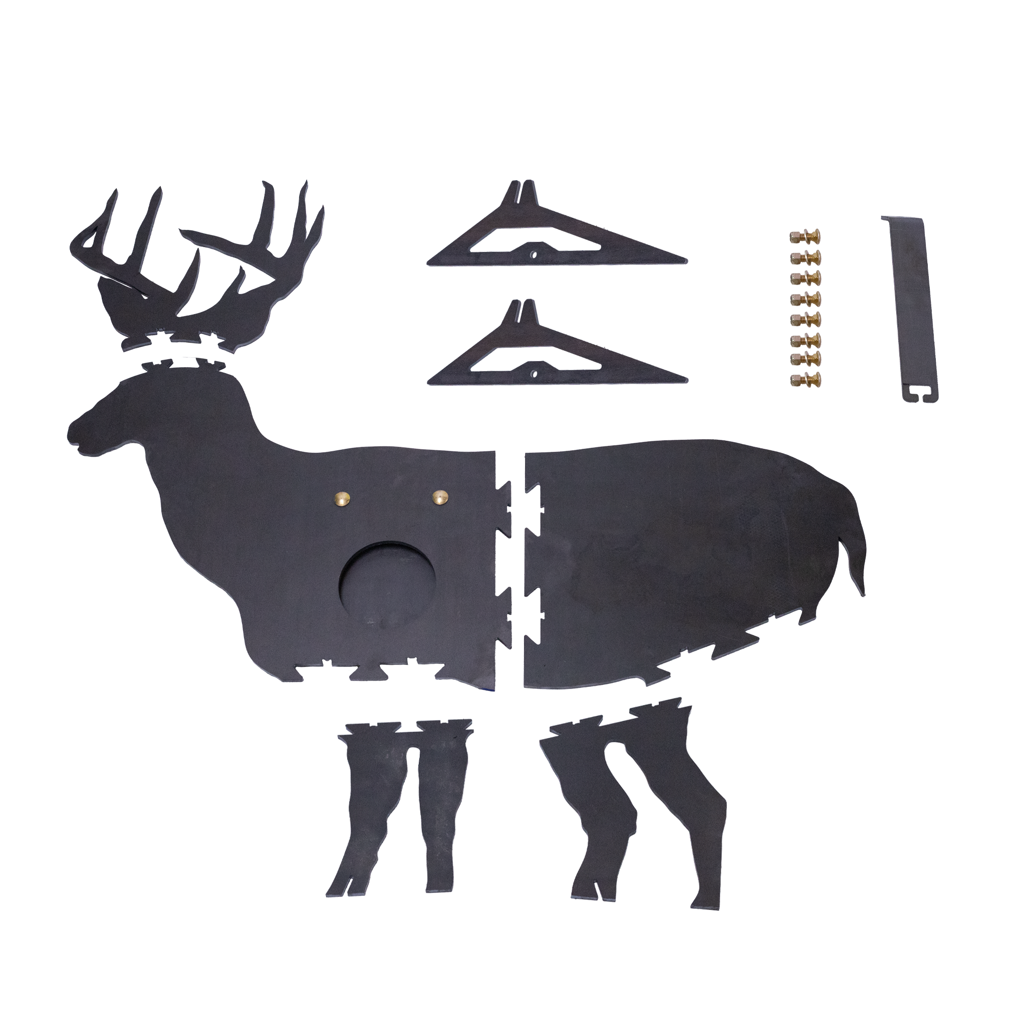 Unassembled & unpainted deer-shaped sr500 steel target with components on a white background
