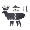 Unassembled & unpainted deer-shaped sr500 steel target with components on a white background