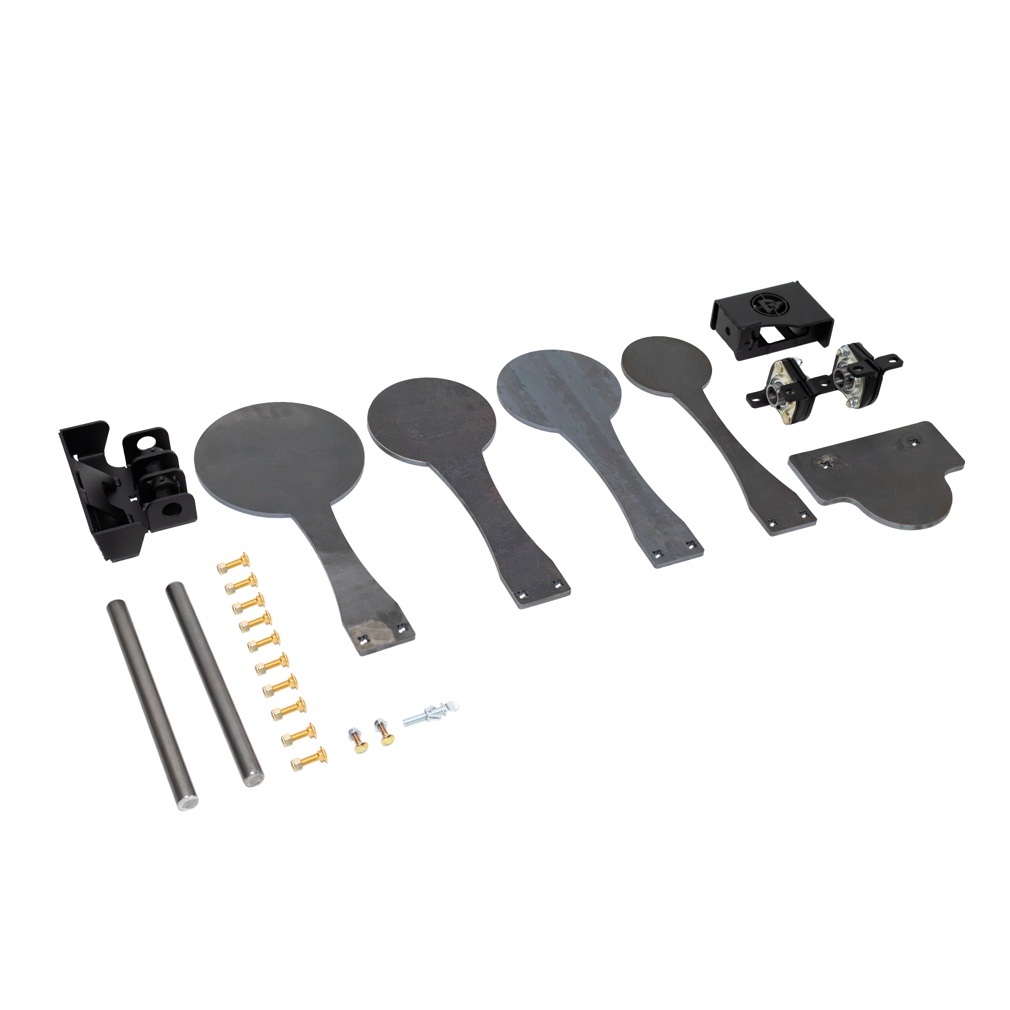 Large 3/8 inch steel dual spinning reactive target unassembled view showing all included components