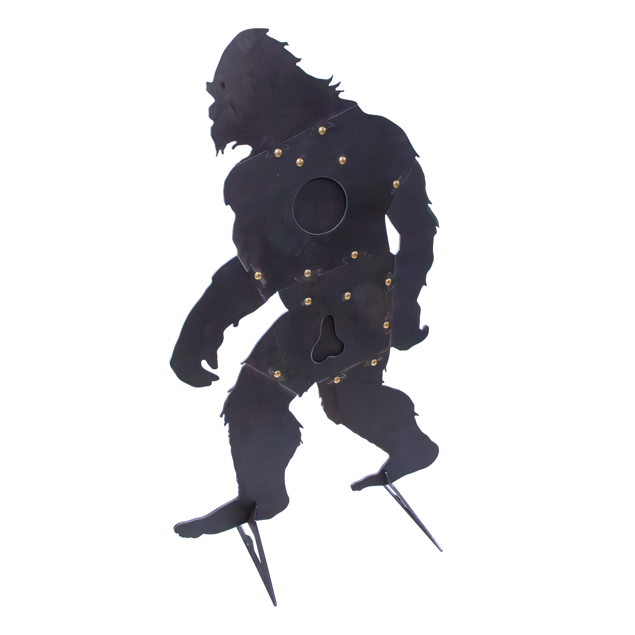 Angled view of lifesized bigfoot-shaped sr500 steel silhouette shooting target with stand on a white background
