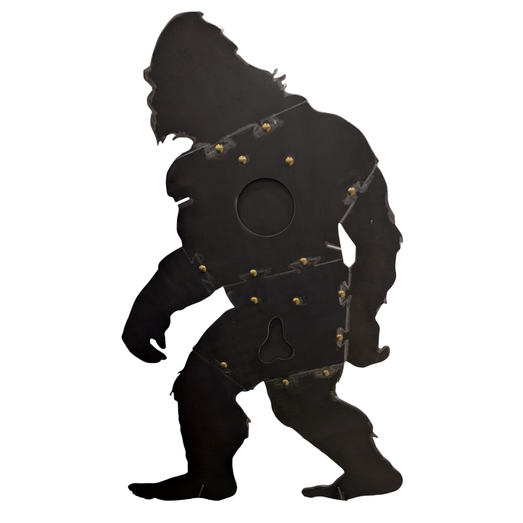 Unpainted six foot tall bigfoot-shaped sr500 steel silhouette target with stand on a white background