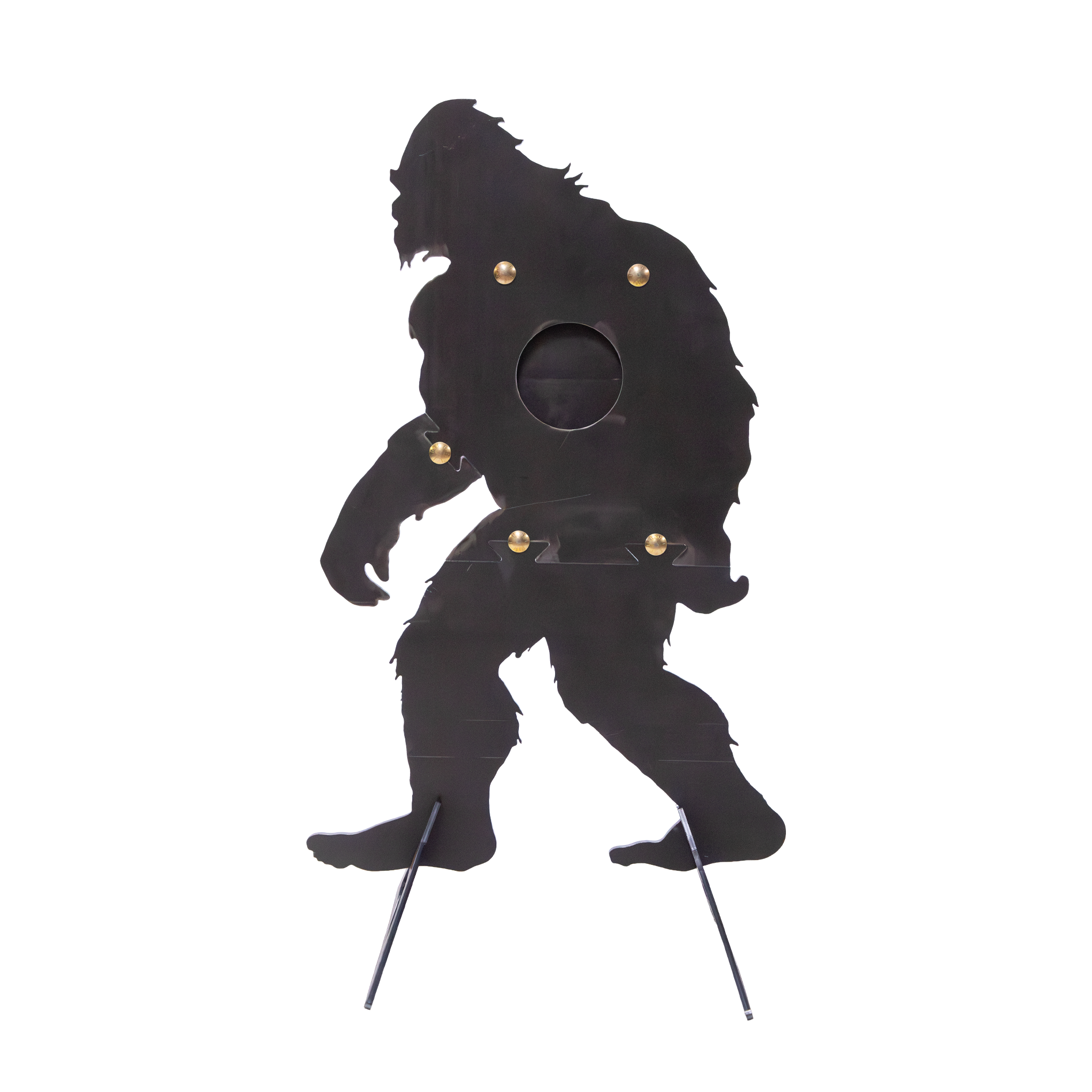 Unpainted bigfoot-shaped sr500 steel target with stand on a white background