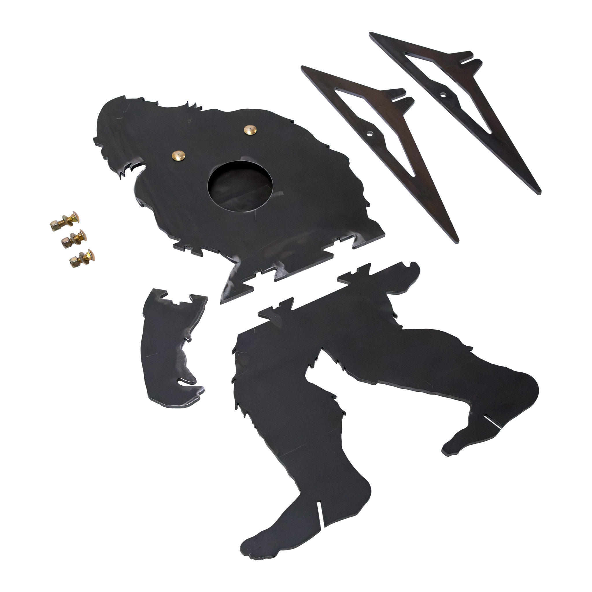 Unassembled bigfoot-shaped sr500 steel target with stand and hardware on a white background