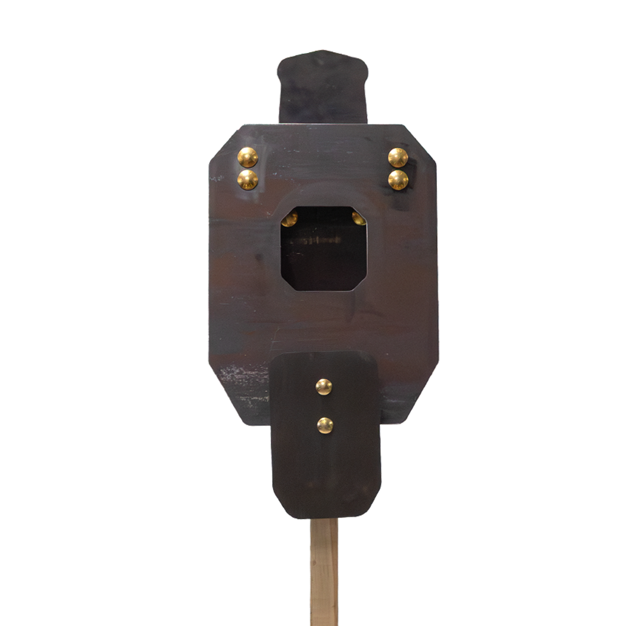 ar500 vital strike reactive target mounted on a 2x4 showing the head in the up position, hit the head  & it will fall back flat