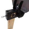 Metal bracket attached to a wooden post with a white background showing how the wing bolt on the back of the 2x4 hanger secures the vital strike target to its stand