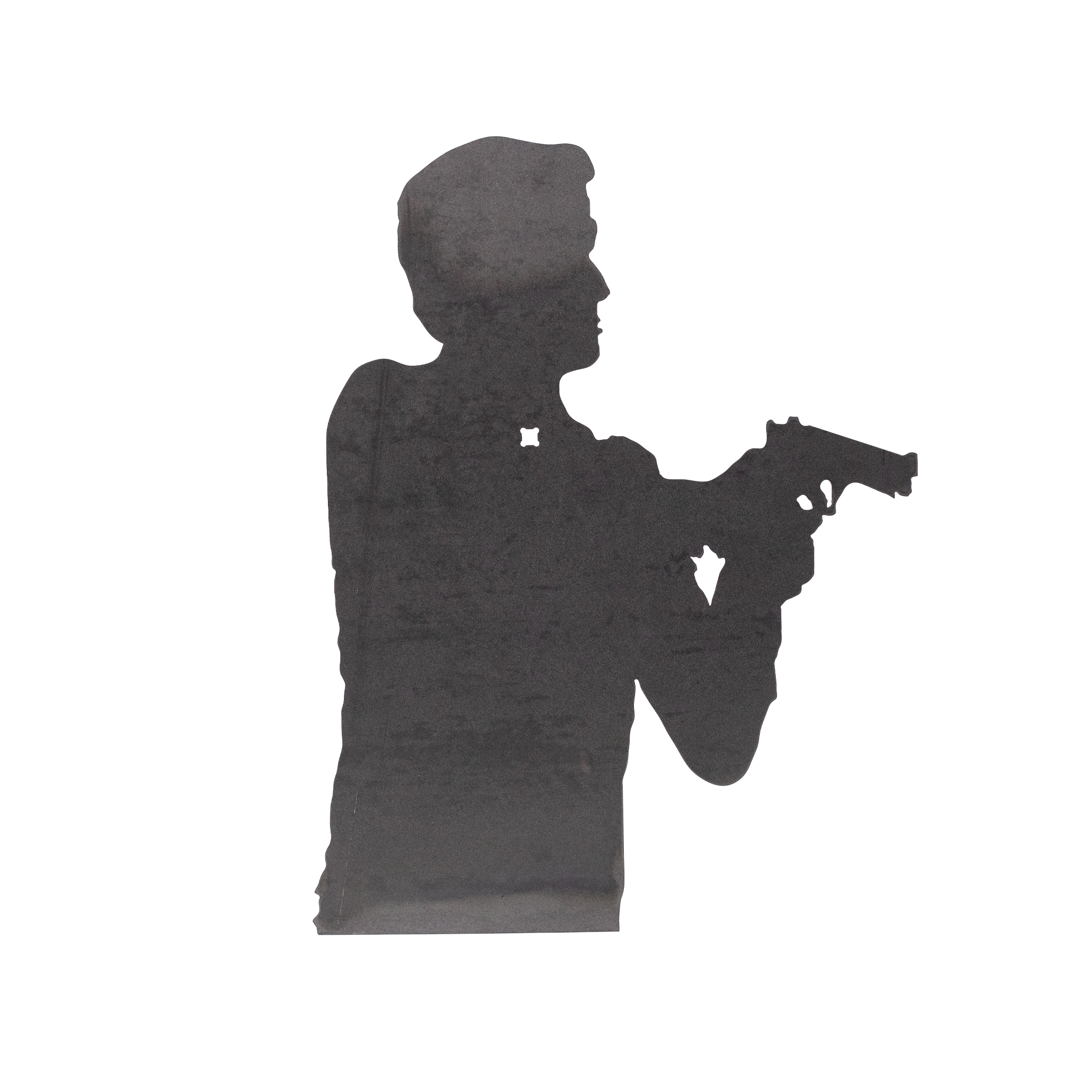 Steel silhouette target of a man holding a pistol on a white background